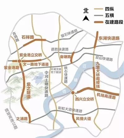 通城大道地面道路为双向八车道,南起萧绍路,北至彩虹快速,全长1.